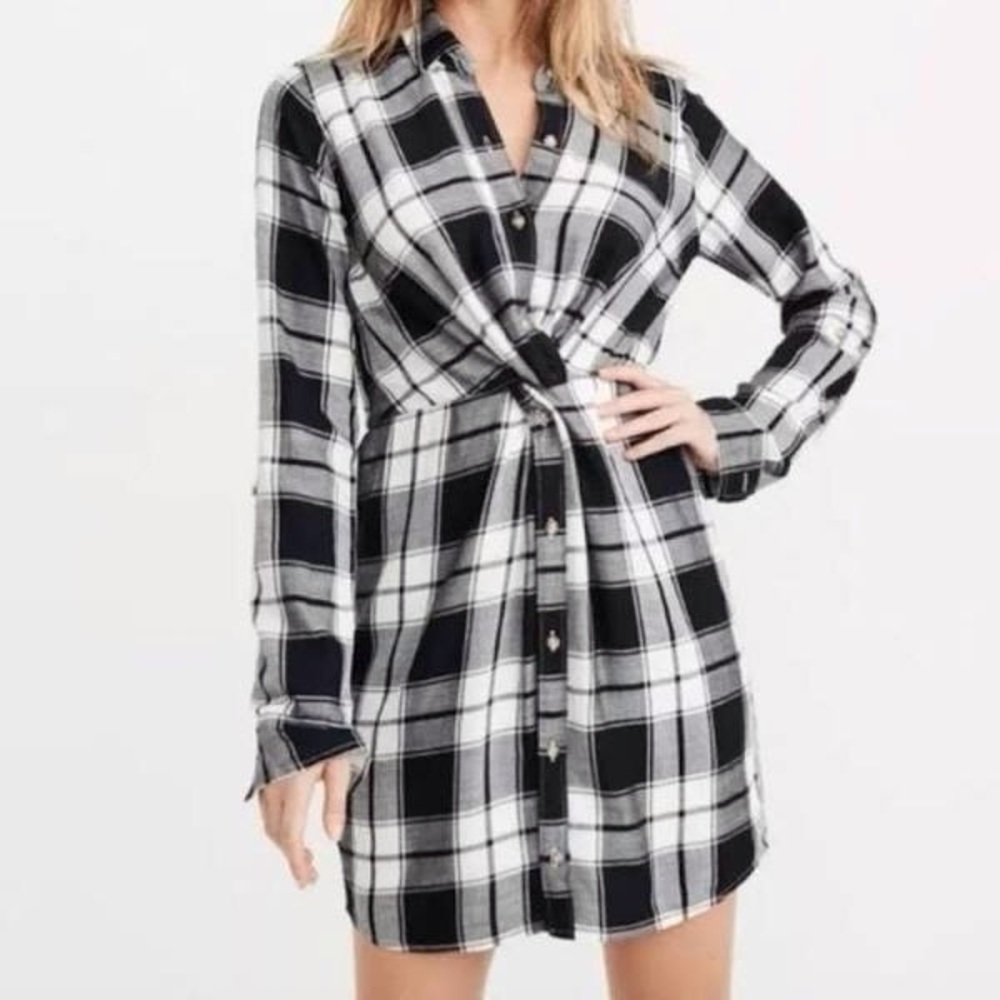 Abercrombie & Fitch Women XS Black/White Plaid Front Twist Knot L/S Shirt Dress